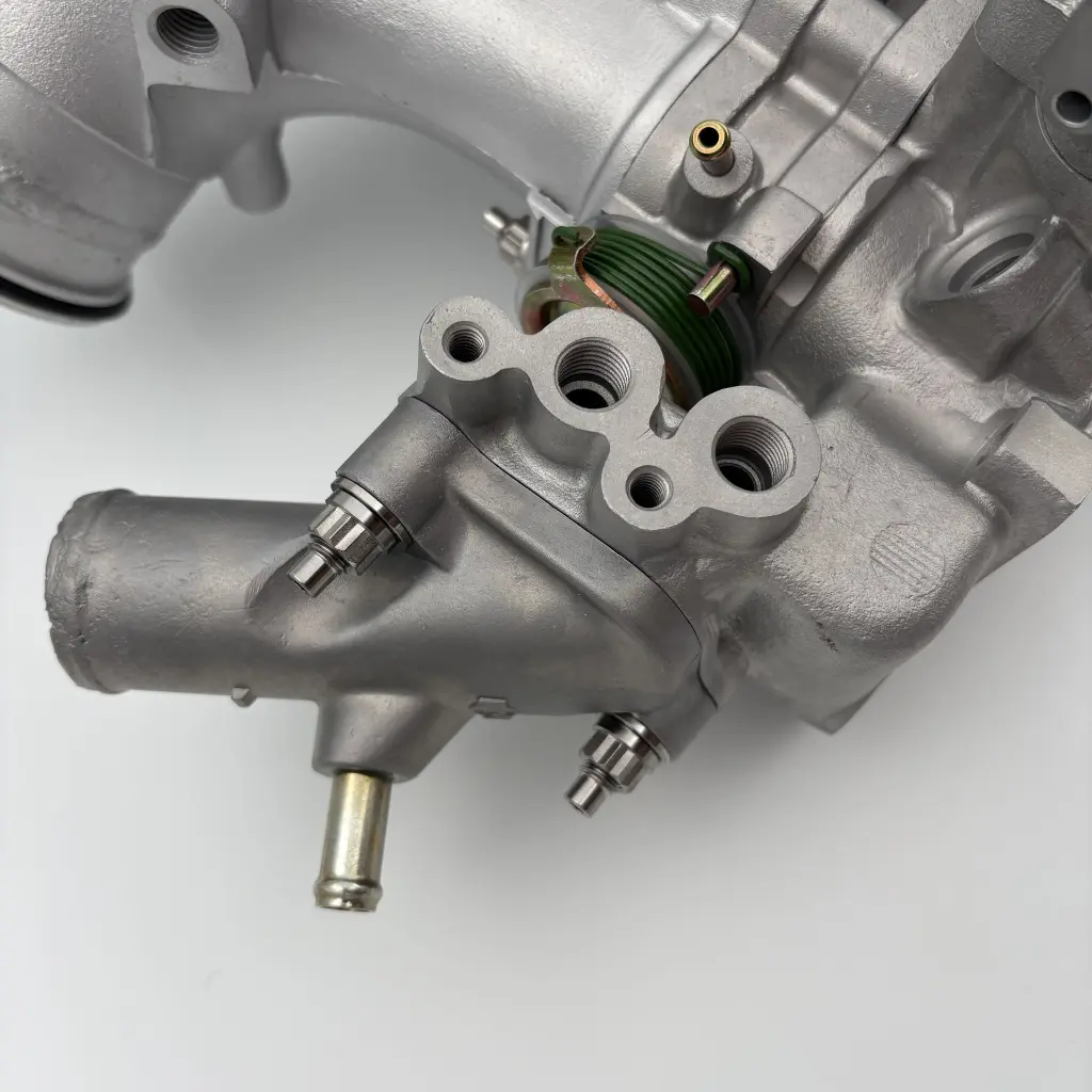 RB26 intake manifold with the coolant neck fully installed, secured using two Grade 5 titanium studs, washers, and nuts.